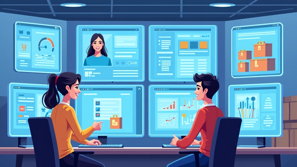 Modern warehouse control center with AI assistant managing operations