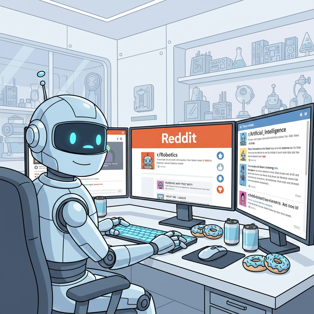 Cartoon robot researcher running Reddit bundle queries
