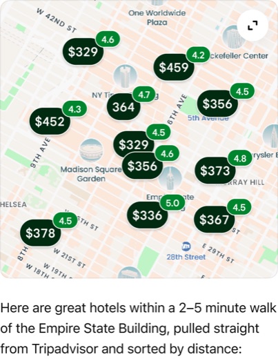 Tripadvisor map of hotels near the Empire State Building in ChatGPT