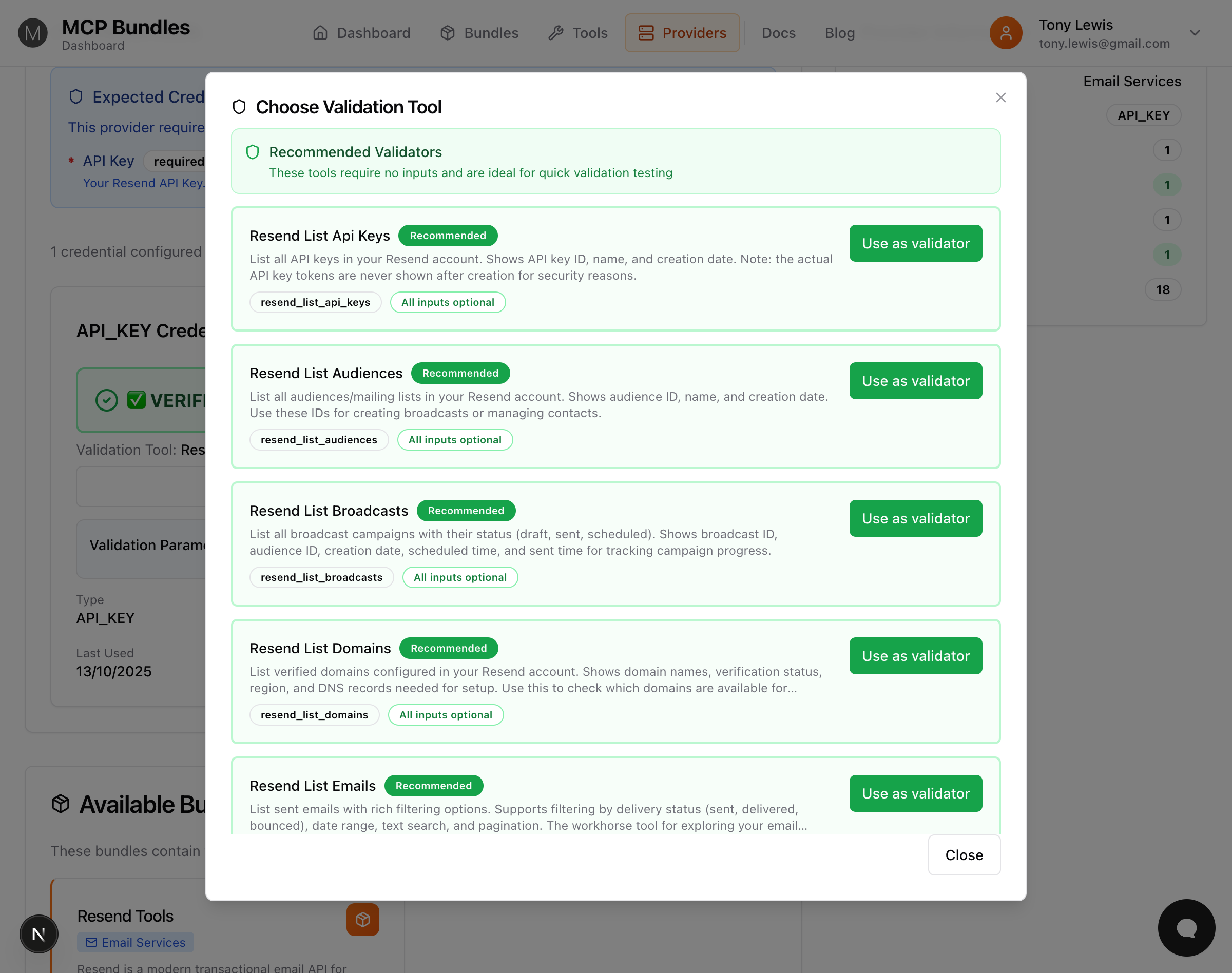 Validation tool picker modal