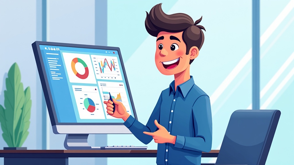 Cartoon illustration of a person monitoring MCP performance and observability, dashboard showing metrics, happy expression