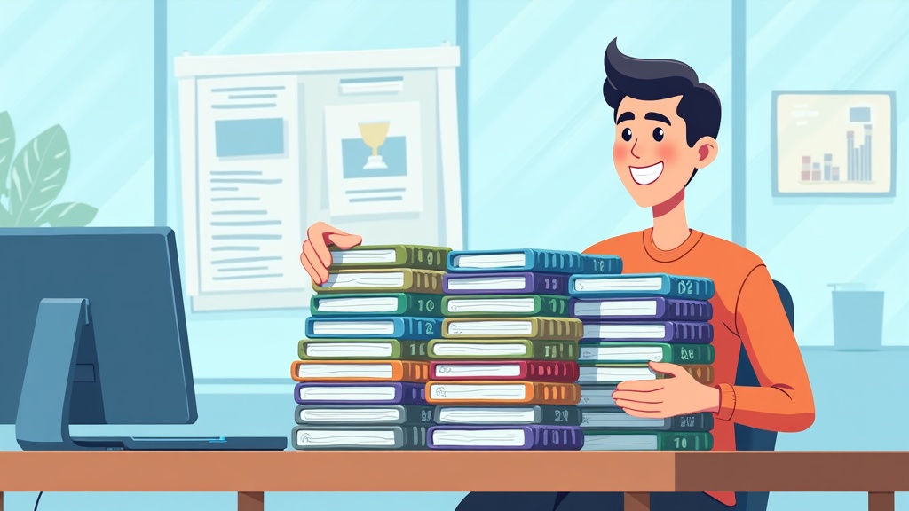 Cartoon illustration of a person organizing PostgreSQL database tools into focused bundles, happy expression