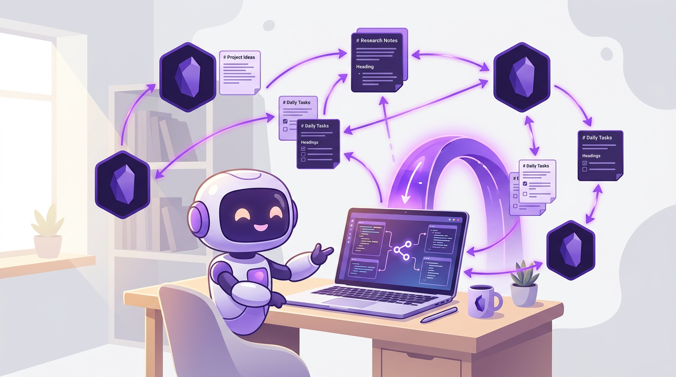 Cartoon illustration of AI assistant interacting with Obsidian vault notes, tags, and wikilinks through a secure proxy tunnel